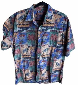 Tori Richard Silk Hawaiian Shirt Mens XL Tiki Fish Brown Black Aloha Button